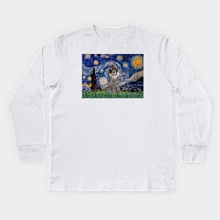 Silver Toy Poodle in Adapted Starry Night by Van Gogh Kids Long Sleeve T-Shirt